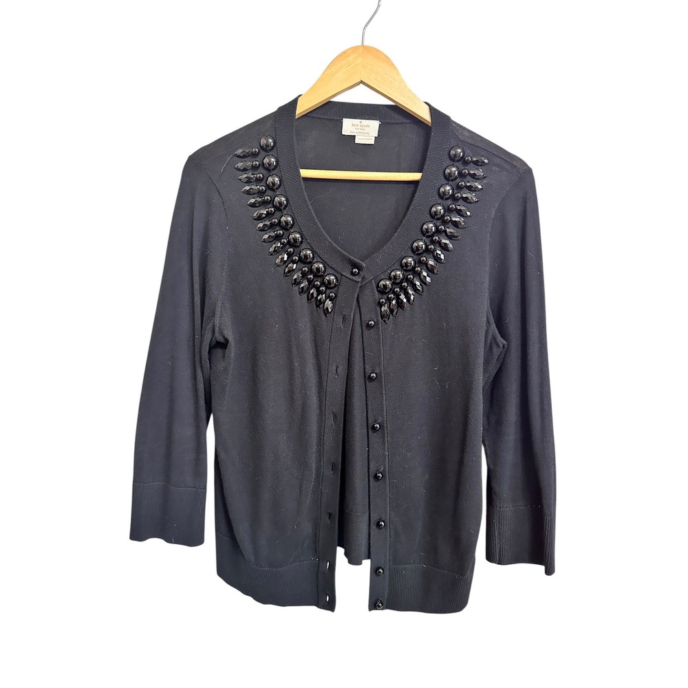 Kate Spade Women's Black Beaded Collar Cotton Cardigan‎ Sweater Large